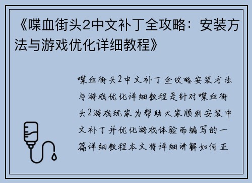 《喋血街头2中文补丁全攻略：安装方法与游戏优化详细教程》