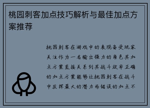 桃园刺客加点技巧解析与最佳加点方案推荐
